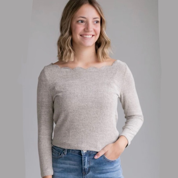 Taupe Scalloped Boatneck Brushed Knit Sweater Top - Picture 2 of 6